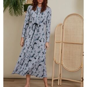 Tweed Long Sleeve Blue Tie Dye Bohemian Maxi Dress